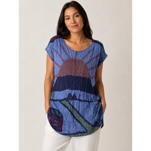 Paul Ropp Tunic Top Womens Free Size Blue Rayon Landscape Sunburst Art To Wear